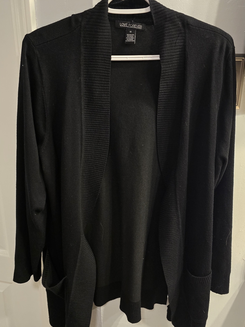 Love Forever Black Open-Front Ribbed Shawl Collar Cardigan